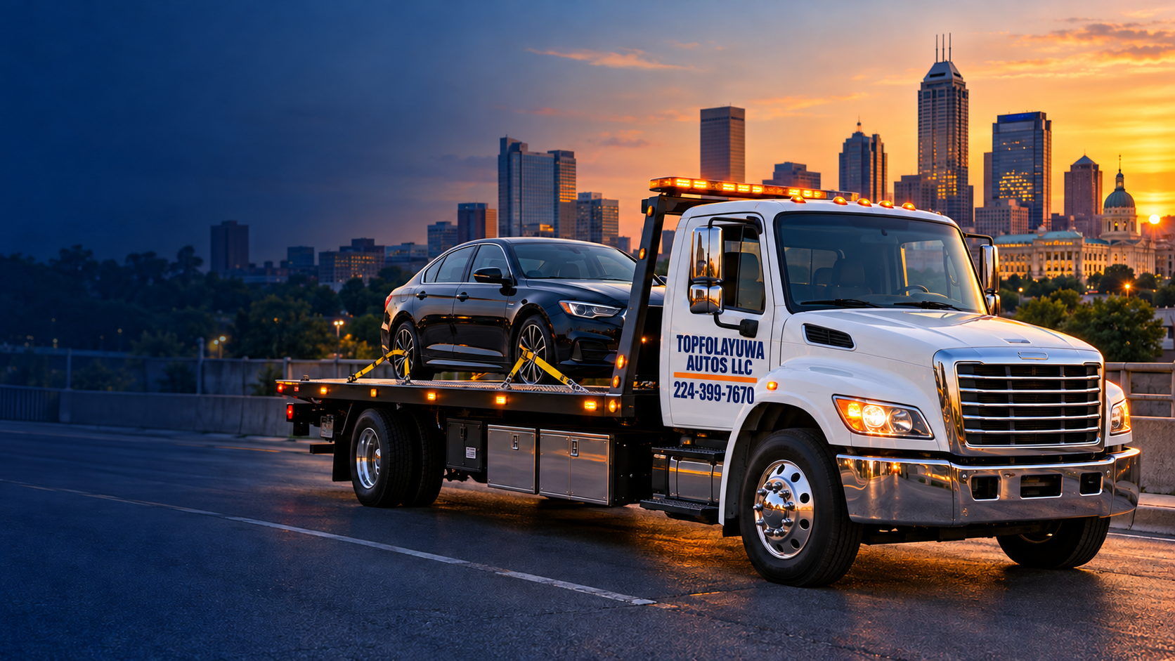 White flatbed tow truck with a passenger vehicle
